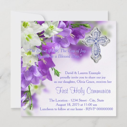 Invitation Filles Purple Floral Croix Première Communion (Devant)