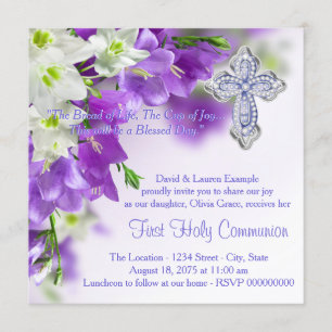 Invitation Filles Purple Floral Croix Première Communion