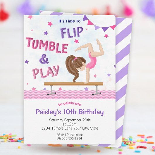 Invitation Filles Purple Tumbling Gymnastique Anniversaire