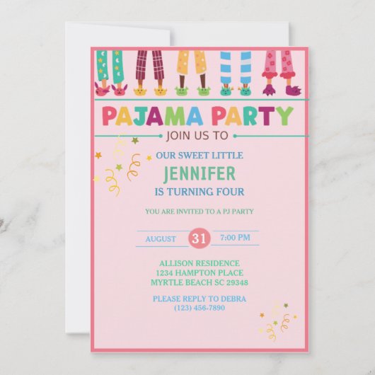 Invitation Filles Pyjama Dormir Fête Anniversaire (Devant)