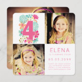 Invitation Filles QUATRE 4e anniversaire Numéro 4 (Devant / Derrière)