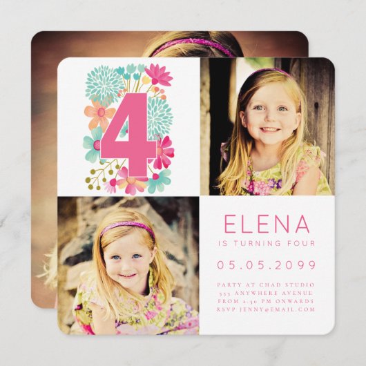 Invitation Filles QUATRE 4e anniversaire Numéro 4 (Devant / Derrière)