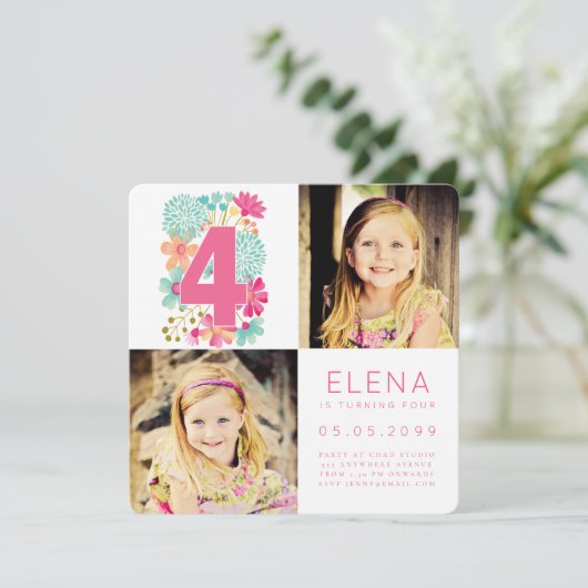 Invitation Filles QUATRE 4e anniversaire Numéro 4 (Debout devant)
