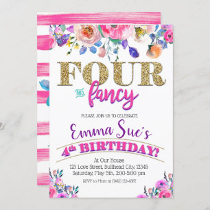 Invitation Filles quatre et fantaisie Floral 4e anniversaire