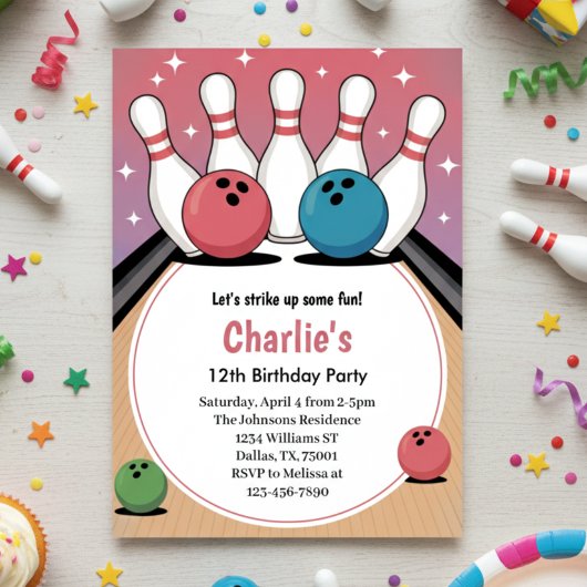 Invitation Filles Rétro Fête d'anniversaire de bowling rose
