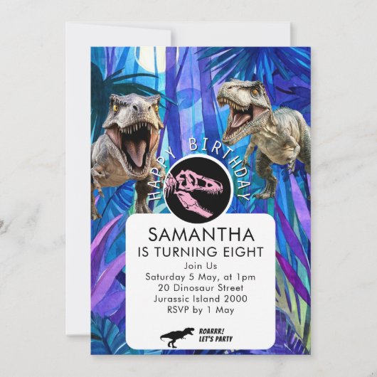 Invitation Filles ROAR-ables Fête d'anniversaire dinosaure (Devant)