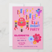 Invitation Filles ROBOT FÊTE rose Anniversaire Caricature mig (Devant)