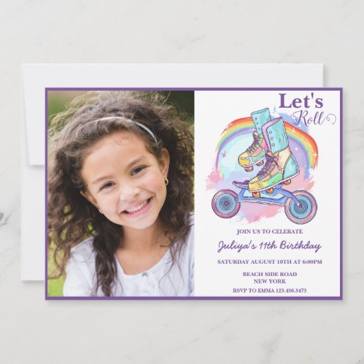 Invitation Filles Roller Patinage photo Anniversaire (Devant)