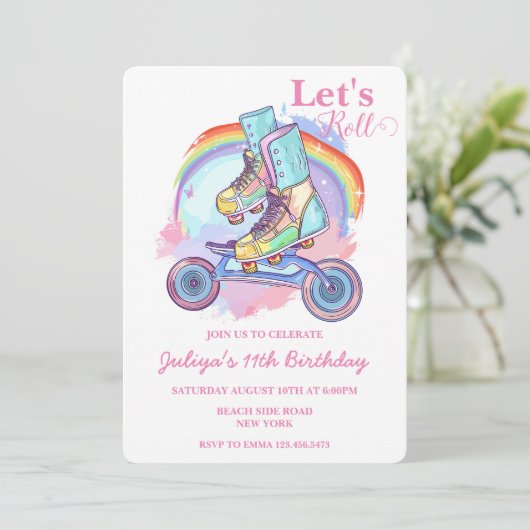 Invitation Filles Roller Patinage rose fête d'anniversaire (Debout devant)