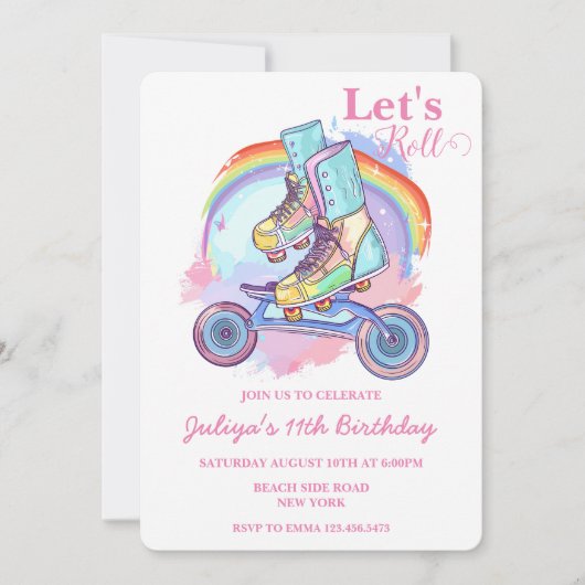 Invitation Filles Roller Patinage rose fête d'anniversaire (Devant)