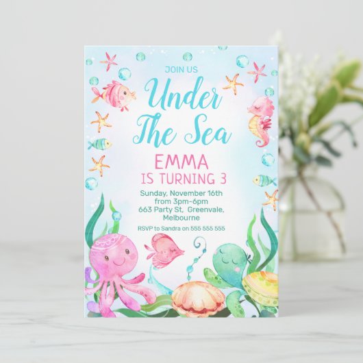 Invitation Filles Rose Bleu Sous La Mer Anniversaire (Debout devant)