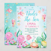 Invitation Filles Rose Bleu Sous La Mer Anniversaire (Devant / Derrière)