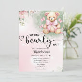 Invitation Filles Rose Blush Floral Teddy Baby shower Ours (Debout devant)