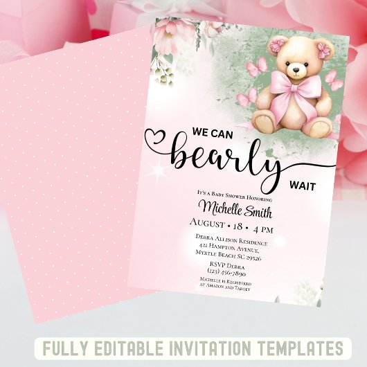 Invitation Filles Rose Blush Floral Teddy Baby shower Ours