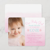 Invitation Filles rose et bleu Turquoise Premier anniversaire (Devant / Derrière)