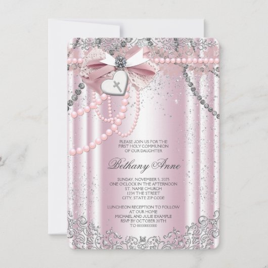 Invitation Filles Rose et Gris Perle Première Communion (Devant)