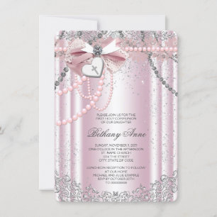 Invitation Filles Rose et Gris Perle Première Communion