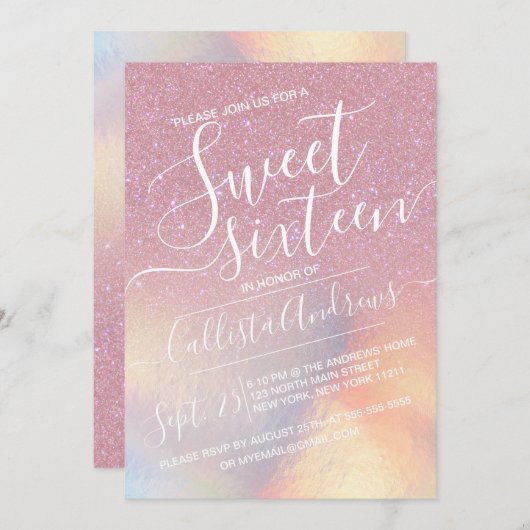 Invitation Filles rose Faux Iridescente Parties scintillant O (Devant / Derrière)