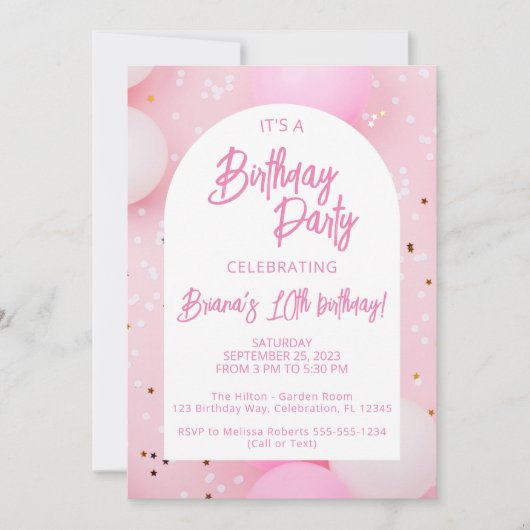 Invitation Filles rose fête d'anniversaire (Devant)