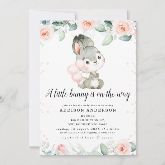 Invitation Filles rose Floral Gris Baby shower lapin (Devant)