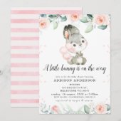 Invitation Filles rose Floral Gris Baby shower lapin (Devant / Derrière)