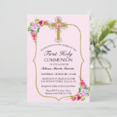 Invitation Filles Rose Floral Première Sainte Communion (Debout devant)