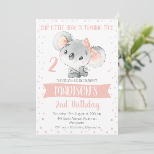 Invitation Filles rose Grey Koala Ours Anniversaire Invitatio (Debout devant)