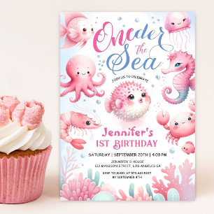 Invitation Filles Rose Mignon Océan ONEder La Mer 1er Anniver