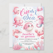 Invitation Filles rose mignonne Océan ONEder La Mer 1er Anniv (Devant)