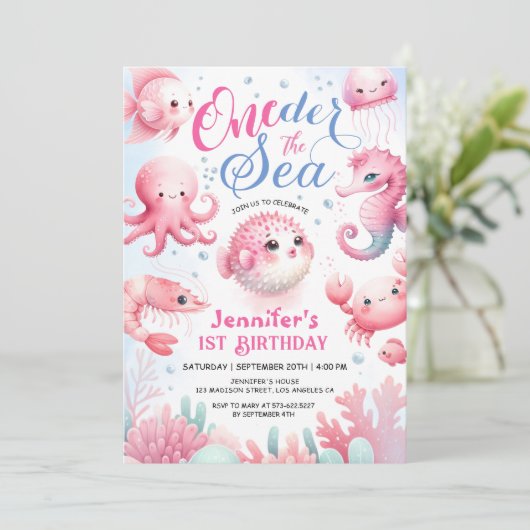 Invitation Filles rose mignonne Océan ONEder La Mer 1er Anniv (Debout devant)
