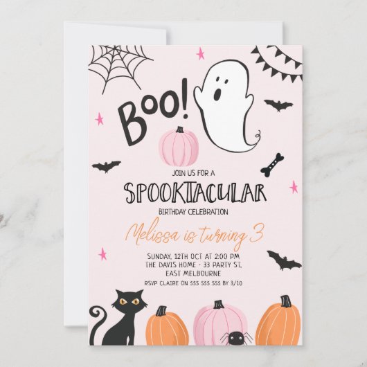 Invitation Filles Rose Orange Noir Boo Halloween Anniversaire (Devant)