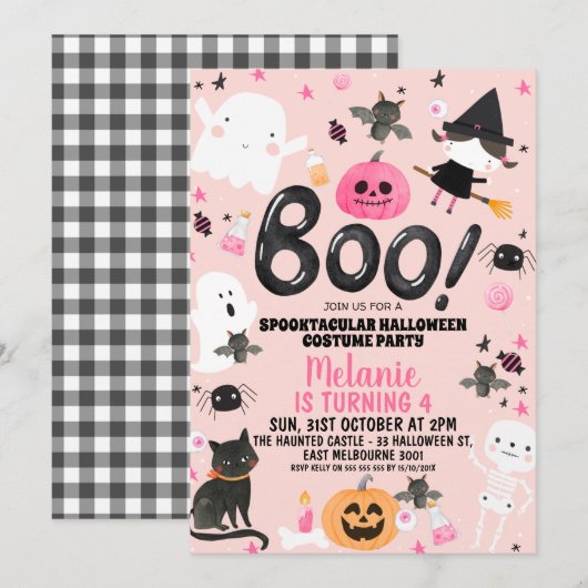 Invitation Filles Rose Orange Noir Boo Halloween Anniversaire (Devant / Derrière)