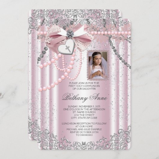 Invitation Filles rose photo première communion (Devant / Derrière)