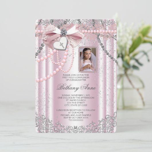 Invitation Filles rose photo première communion (Debout devant)