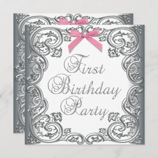 Invitation Filles roses blanches 1er anniversaire (Devant / Derrière)