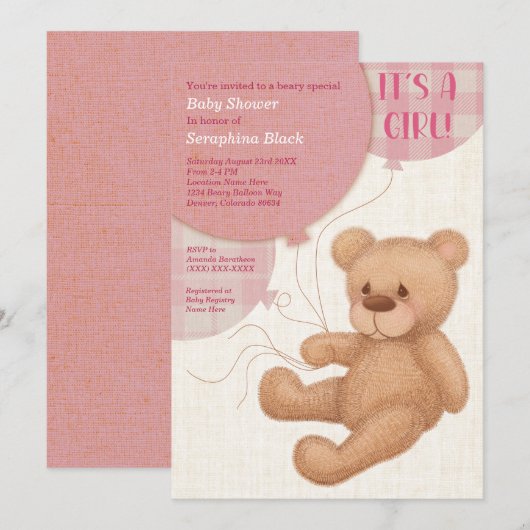 Invitation Filles roses Brown Teddy Bear Baby shower Invitati (Devant / Derrière)