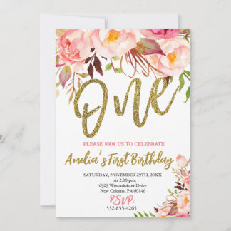 Invitation Filles roses et d'or premier anniversaire, Floral 