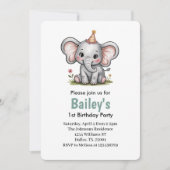 Invitation Filles roses mignonnes Eléphant 1er anniversaire (Devant)
