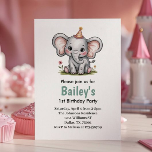 Invitation Filles roses mignonnes Eléphant 1er anniversaire
