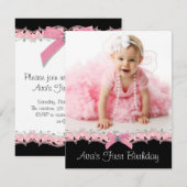 Invitation Filles roses mignonnes et noires Photo Anniversair (Devant / Derrière)