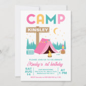 Invitation Filles roses modernes Camping à thème Anniversaire (Devant)