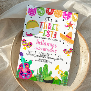 Invitation Filles roses modernes Trois esta Fiesta 3e anniver