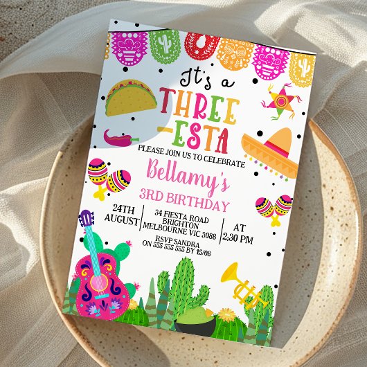 Invitation Filles roses modernes Trois esta Fiesta 3e anniver