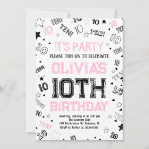Invitation Filles roses Nombre Dix Anniversaires