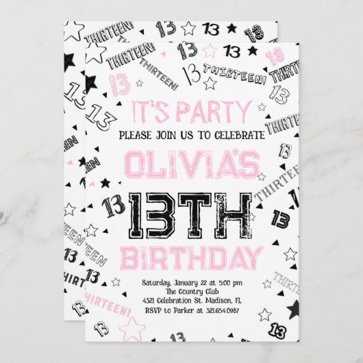 Invitation Filles roses Numéro Treize Anniversaire (Devant / Derrière)