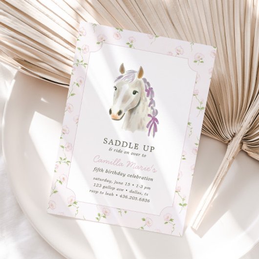Invitation Filles Saddup Preppy Cheval Pony Rose Anniversaire