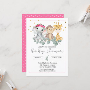 Invitation Filles Safari Animaux et Baby shower de verdure