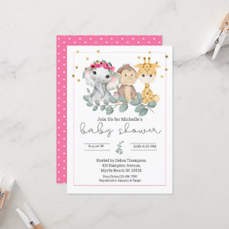 Invitation Filles Safari Animaux et Baby shower de verdure
