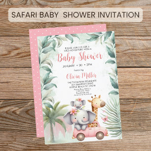 Invitation Filles Safari Animaux Floral Baby shower Tropical