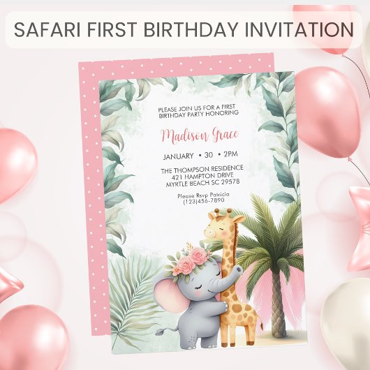 Invitation Filles Safari Animaux Floral Tropical Anniversaire